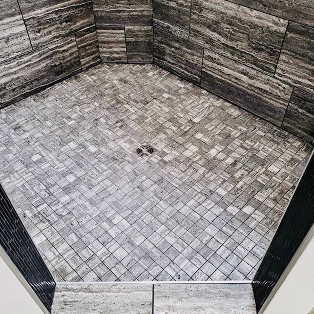 Italian mosaic floor tile with Schluter drain Italian mosaic floor tile with Schluter drain